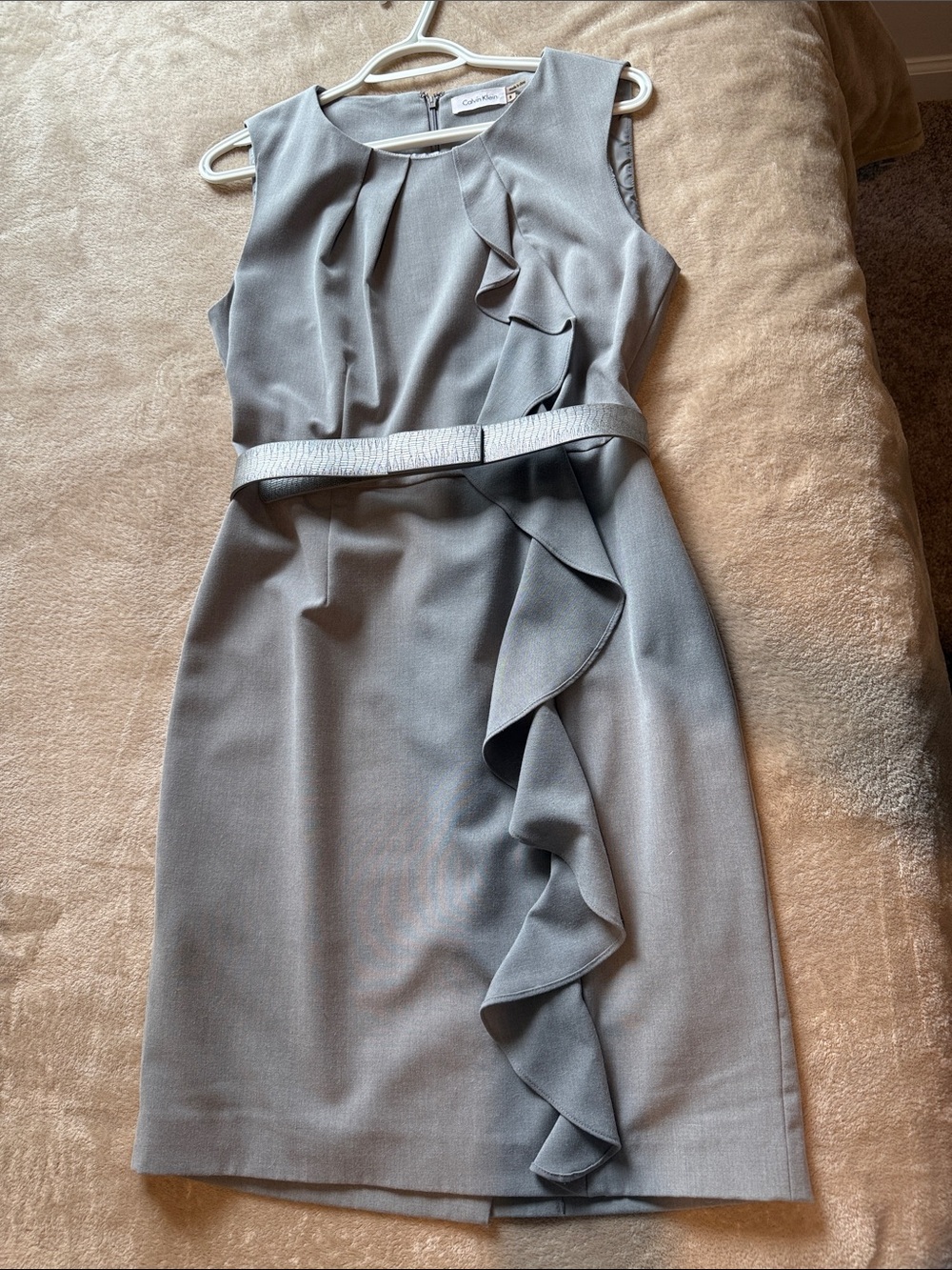 Calvin Klein Gray Sleeveless Ruffle Sheath Dress
